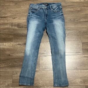 Express Blue Skinny Jeans with Faded Distressed Look
